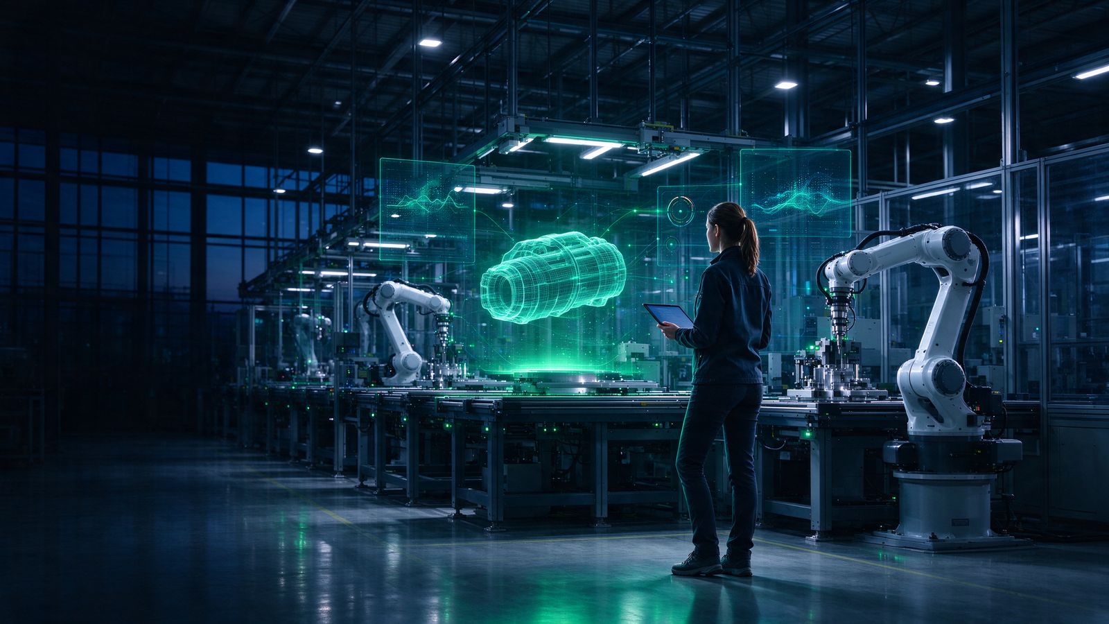 Engineer steering a robotic line in front of a product digital twin